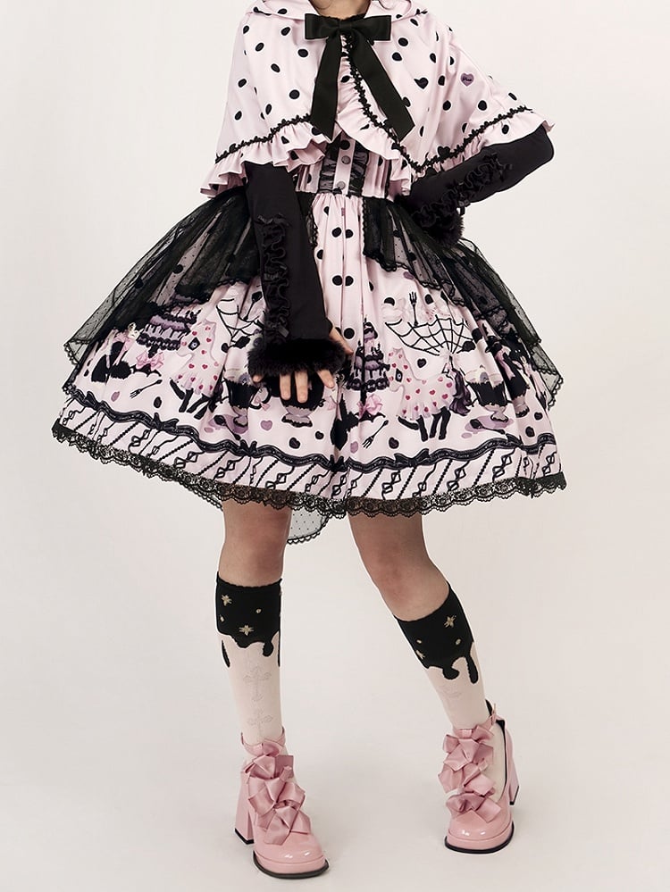 Lolita Cake Kitty Print Pink and with Straps Waist Ruffle Detachable High Skirt