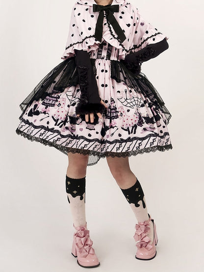 Lolita Cake Kitty Print Pink and with Straps Waist Ruffle Detachable High Skirt