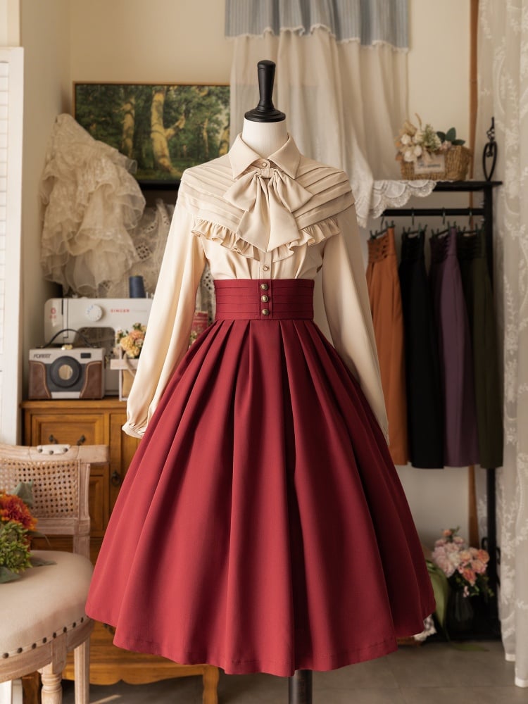 Lolita High-Waisted Pleated Skirt with Lace-Up Detail in Red