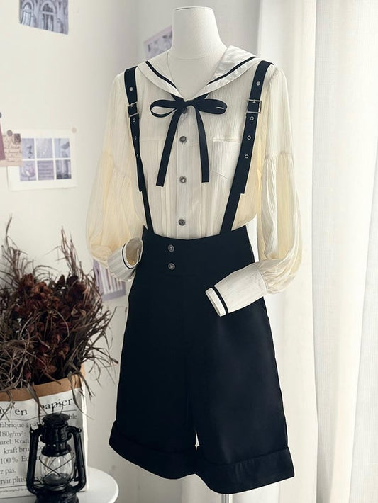 アプリコット色のロングショーツ、ストレートレッグファッション、ショルダー＋カラー、ロリータ風ストラップ、セーラースリーブシャツ - ブラック