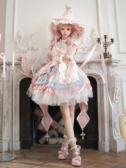 Pink and Blue High Waist Sweet Witchy Dress Lolita Jumper Skirt Full Set
