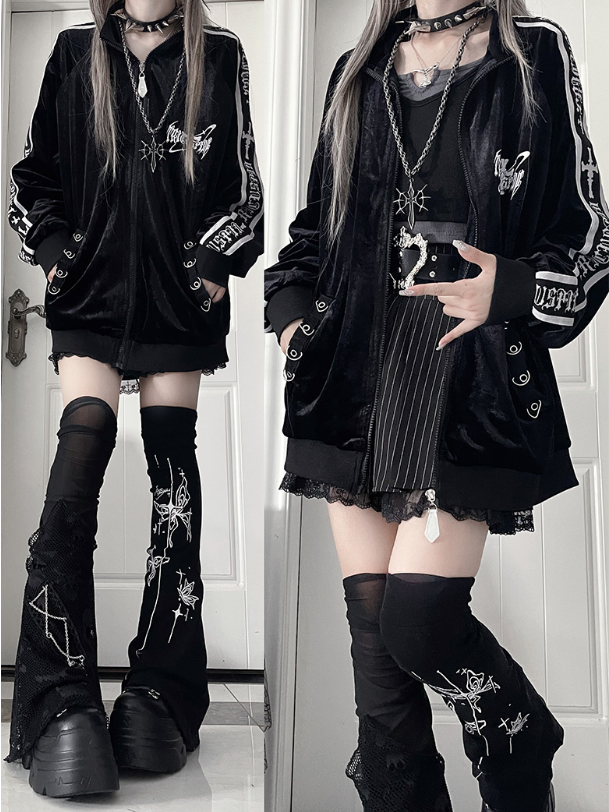 Tape Sleeve Tracksuit Gothic Cross Velvet Print TextBack Jacketwith Black