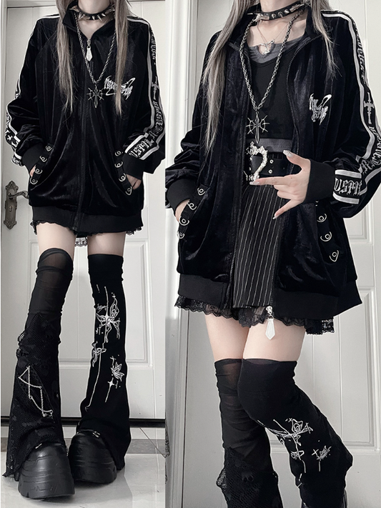 Tape Sleeve Tracksuit Gothic Cross Velvet Print TextBack Jacketwith Black