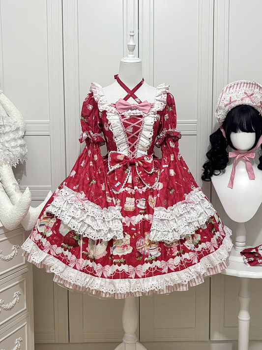 Erdbeere Kurze Süße Rote Glocke mit Print Kleid Abnehmbare Kuchen Lolita Ärmel