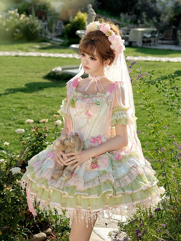 Sweet Lolita JSK Set with Floral Crown and Detachable Sleeves - Sweetheart Macaron Lolita