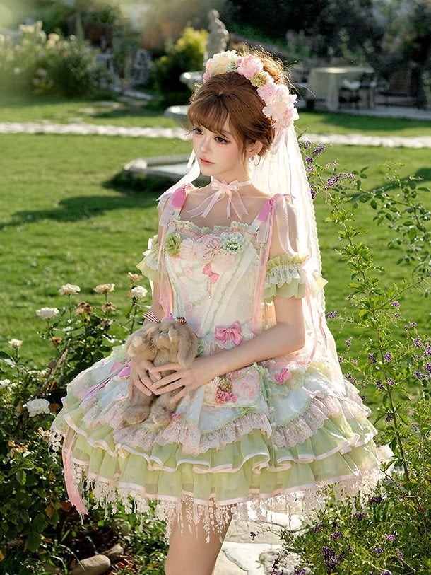 Pink & Green Floral Lolita JSK Set with Veil & Detachable Sleeves - Sweetheart Macaron Lolita