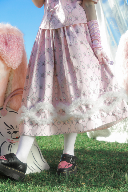 メッシュパールウェーブプリントピンクアニマルスカート