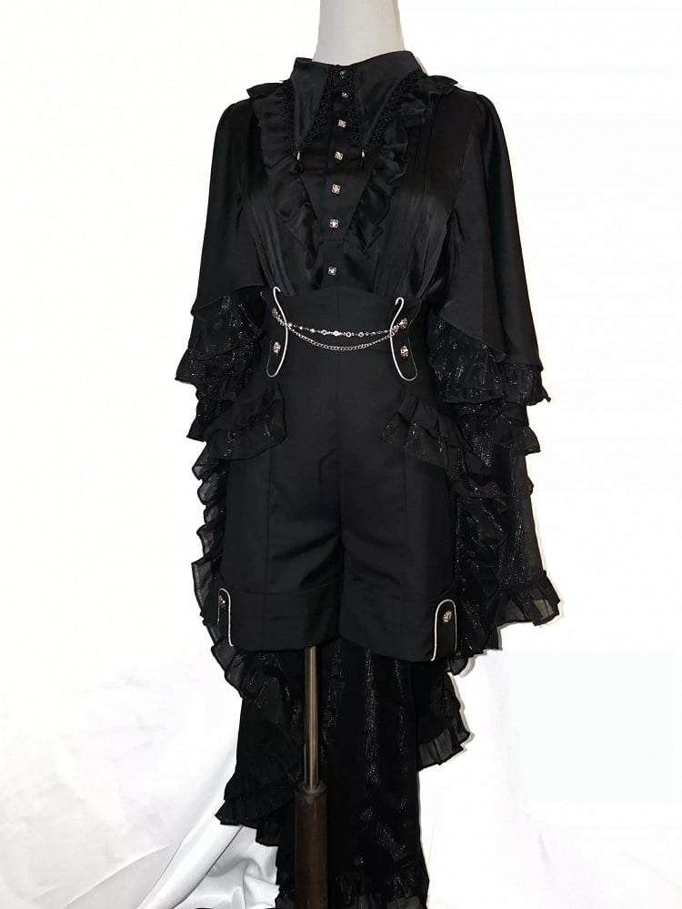 ロリータデザイン フリル王子ケープ カスケードカラー ゴシック フォールドオーバーシャ​​ツ ポインテッドブラック