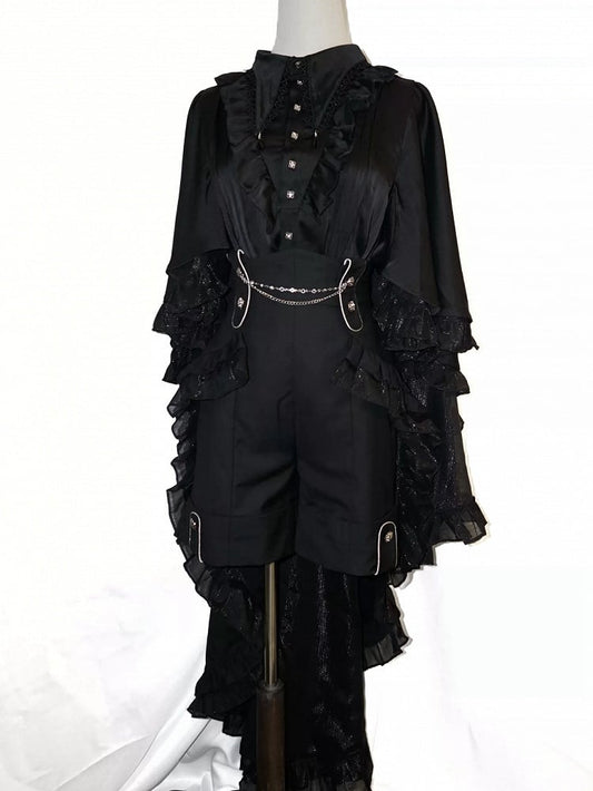 ロリータデザイン フリル王子ケープ カスケードカラー ゴシック フォールドオーバーシャ​​ツ ポインテッドブラック