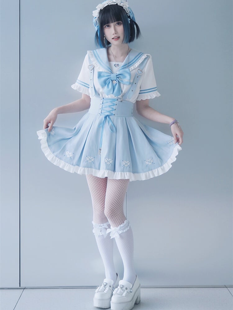 Cutout Bluse Blau Bowknot Weiß Matrosenkragen Herzförmiges Licht