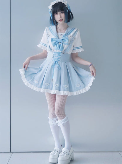 Cutout Bluse Blau Bowknot Weiß Matrosenkragen Herzförmiges Licht