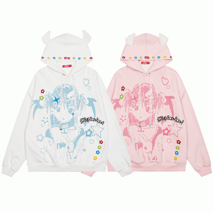 Hoodie White/Pink Lace and Girl Cartoon Winged Print Drawstrings with