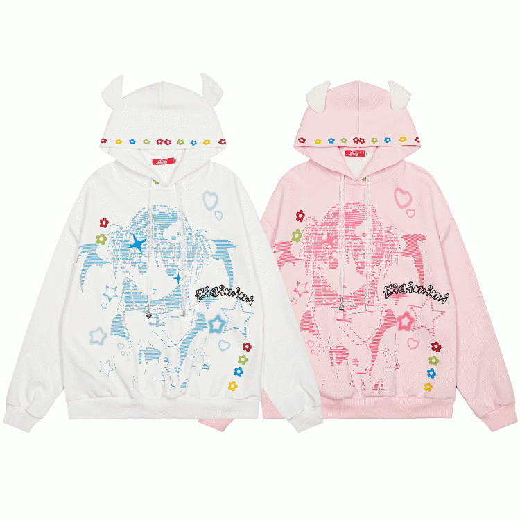 Hoodie White/Pink Lace and Girl Cartoon Winged Print Drawstrings with
