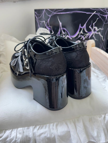 Rhinestone Heel Bow and Platform Toe Jirai Black Janes: with Cross PU Mary Heart Kei Embroidery