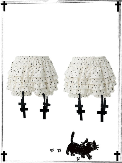 with Skort Ruffles Charms Cross Pastel Cat Paw and Cross Print Tiered Gothic White Allover