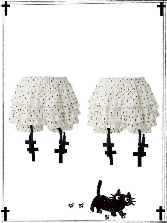 with Skort Ruffles Charms Cross Pastel Cat Paw and Cross Print Tiered Gothic White Allover