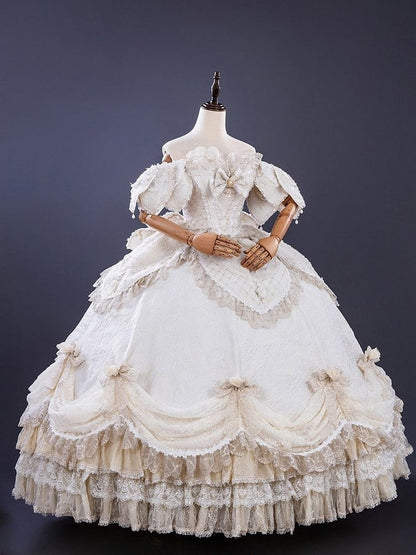Ruffles Gown Lolita and Version Details Off-Shoulder Hime Hanayome Layered Bow with Champagne Long Lace
