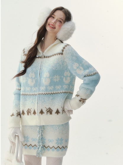 Sweater BlueWhite Pattern with Snowman Details Kawaii