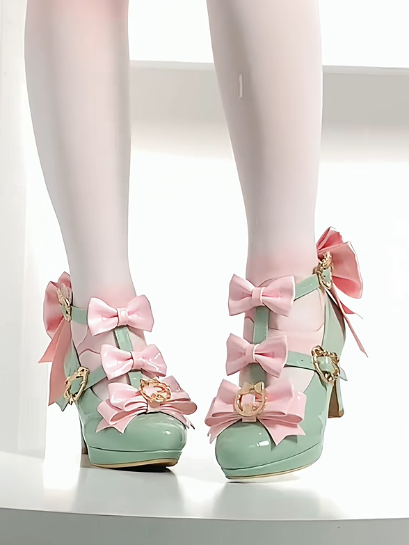 - Hime Snap Intricate Mary Fastener Pink Bow Lolita Details Janes High-heel Green Heart-shaped