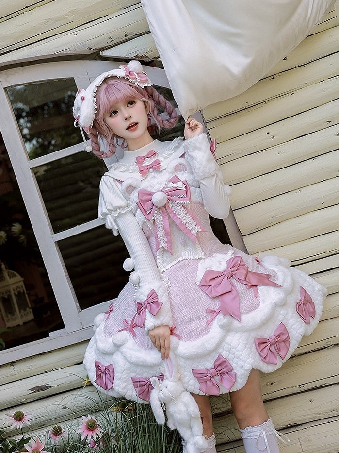 White Bow Applique Sweetheart Plush Pink Details Lolita Dress with and Sweet Accents