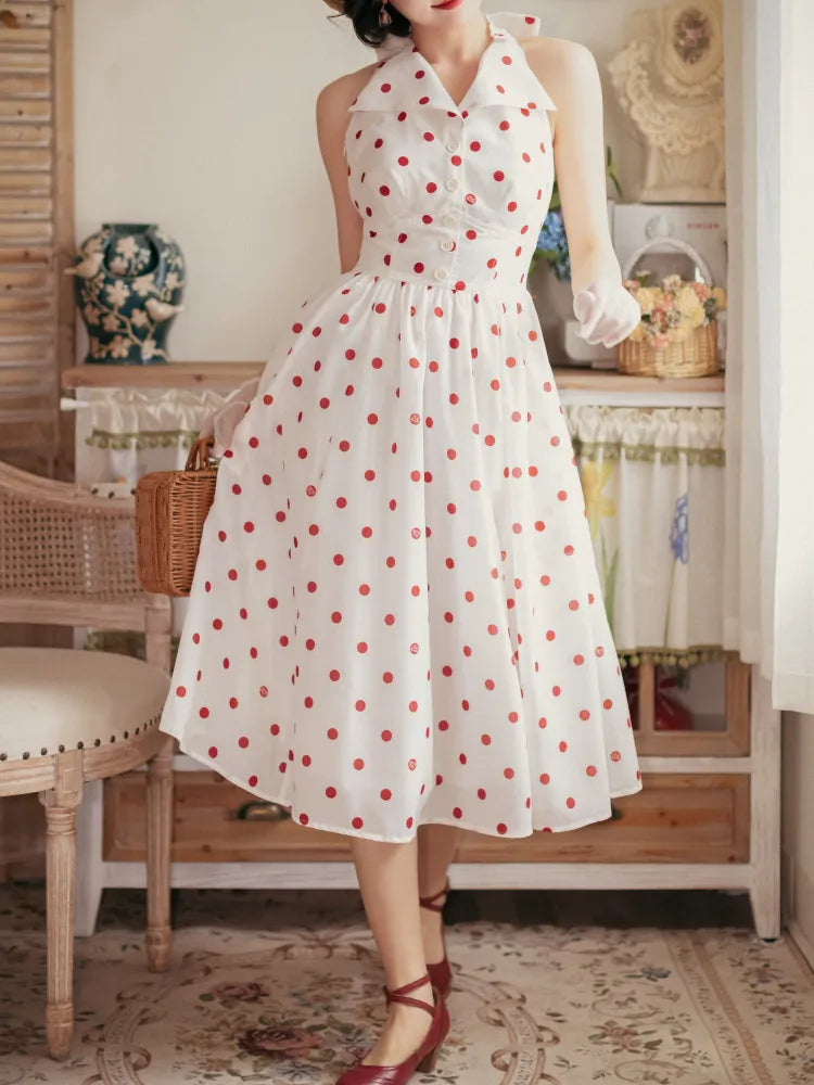 Muster Polka Kleid Punkte Schleife Halfter Big Fashion Retro Print Rückenfrei Rücken Hals