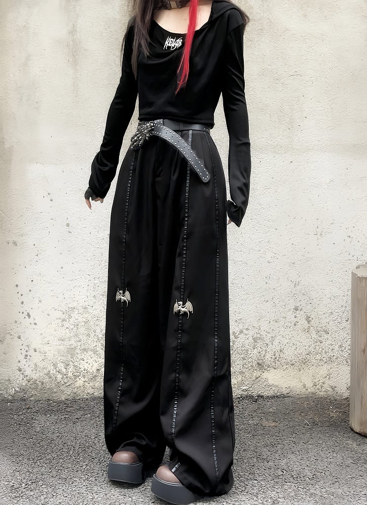 丈長めのフロア ブラック メタル ドラゴン ニー ワイドレッグ パンツ