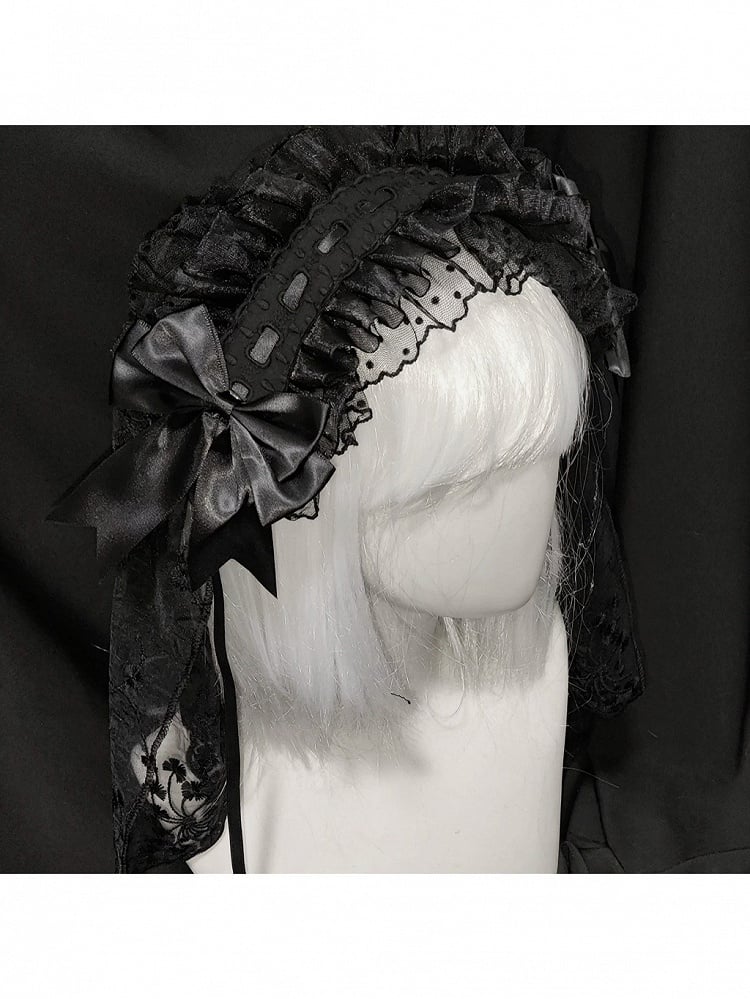 Dual-Tone Gothic Satin Bow Headband with Long Lace Trim - Dokisuru