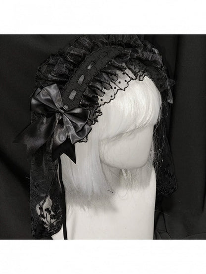Dual-Tone Gothic Satin Bow Headband with Long Lace Trim - Dokisuru
