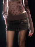 Built-in Elastic with Waist Detail Shorts Denim Zipper Low Brown Skirt Dark
