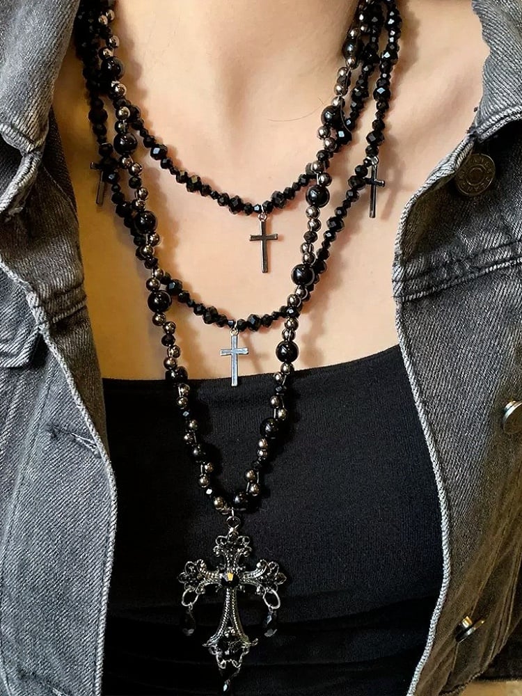 Gothic Beaded Layered Necklace with Cross Pendant - YSHXS