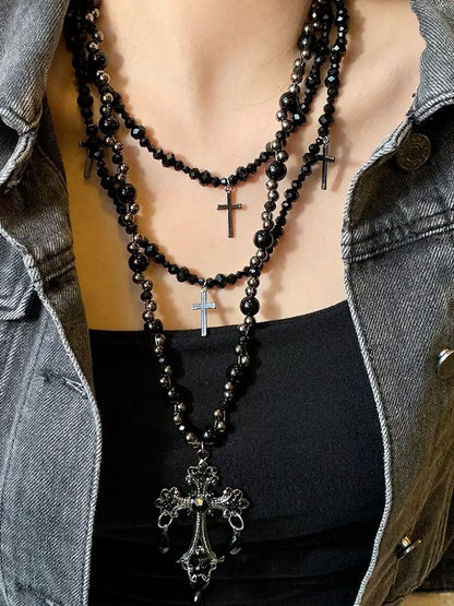Gothic Beaded Layered Necklace with Cross Pendant - YSHXS