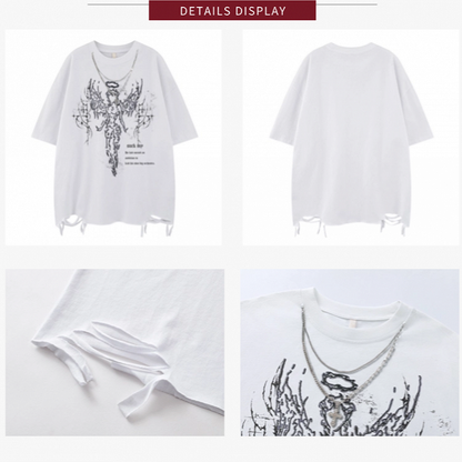 White/Black Distressed T-Shirt with Angelic Outline and Detachable Chain Cross