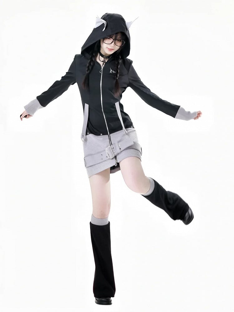 Colorblock Design 45CM Gray Knitted Leg Warmers and Black