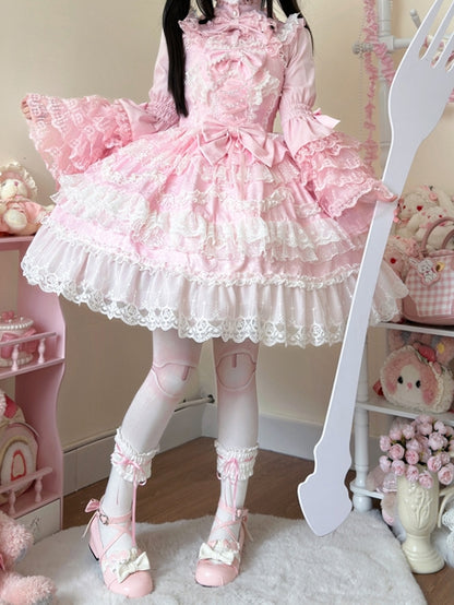 White Lace Lolita Decorated Trims Hanayome Pink Skirt Bows Dress Jumper