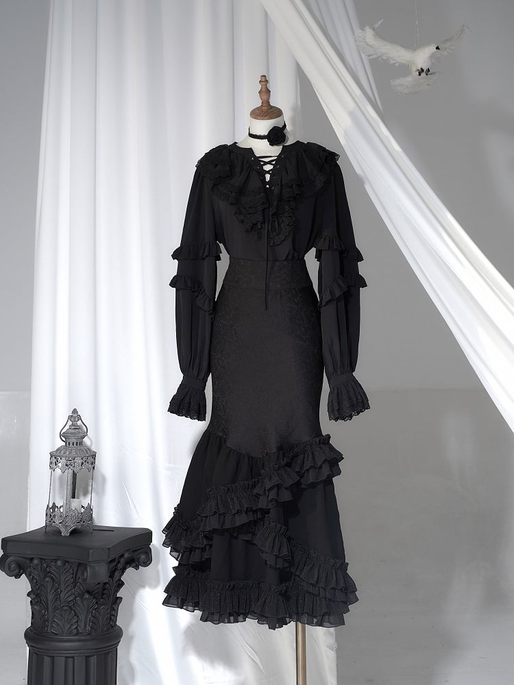 Skirt Fish-Tail Black Layered Ruffles Gothic Lolita with