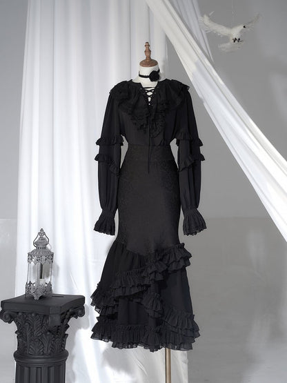 Skirt Fish-Tail Black Layered Ruffles Gothic Lolita with