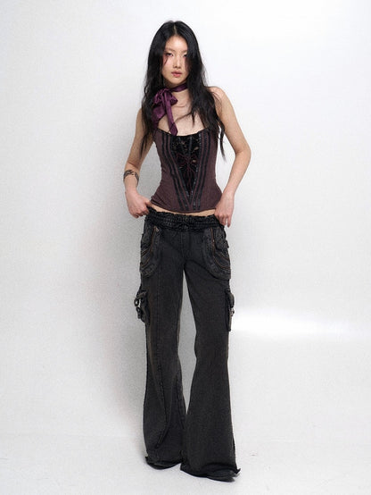Design Dusty Halter with Purple Top Back Neck Lace-Up
