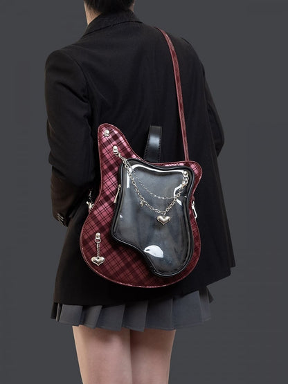 Chain Plaid Bag With Y2K Edgy Heart Ita Accents Guitar-Shaped Red 2-Way Black