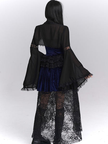 Ausschnitte Spitzenbesatz Elegant mit Glockenschnitt Schwarz Halloween Ärmel Ellenbogen Shrug Gothic