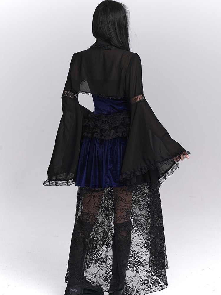 Blue Lace Lace-Up with Overlay Dress Floral Gothic Black Front Halloween