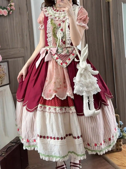 Wine Red Plaid Apron with Strawberry Embroidery - Unfinished Fairy Tales