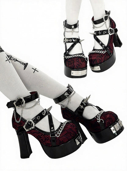 Wine Red Gothic Round Toe 11.5CM High Heels with Black Lace, Spikes & Coffin Buckles - Transfer Student