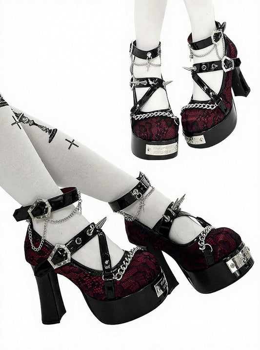 Wine Red Gothic Round Toe 11.5CM High Heels with Black Lace, Spikes & Coffin Buckles - Transfer Student