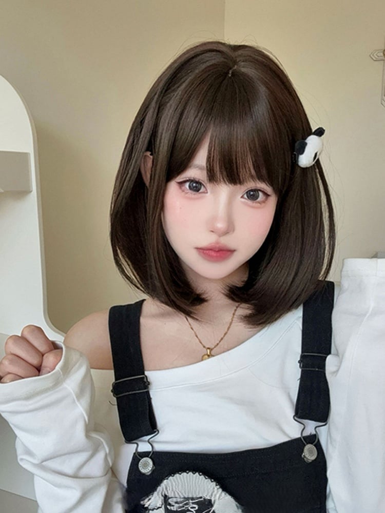 Wig 40CM With Brown Air Length Dark Bangs Synthetic