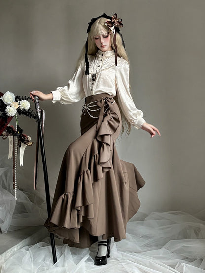 Beige Ruffle Neck Long Sleeve Blouse for Bust 82-90cm - MUYU