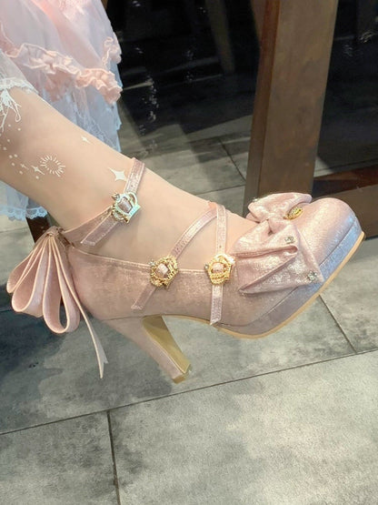 Pink Crown Buckle 8.5cm High Heels with Bowknot and Crystal Accents - Aimee