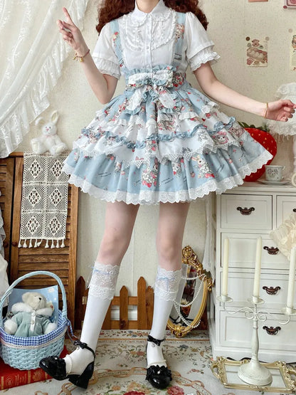 Overall Bunny Lolita Print Blue Sweet Skirt