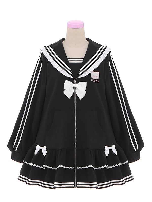 Stickerei Reißverschluss Kitty Jirai Kei Kragen Kleid Schwarz Landmine Stil Sailor Verschluss