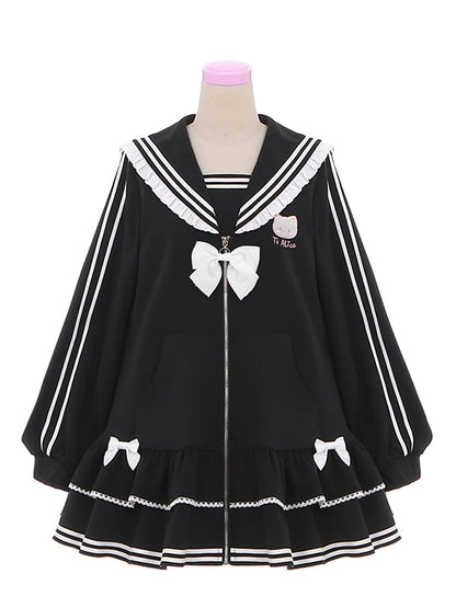 Stickerei Reißverschluss Kitty Jirai Kei Kragen Kleid Schwarz Landmine Stil Sailor Verschluss