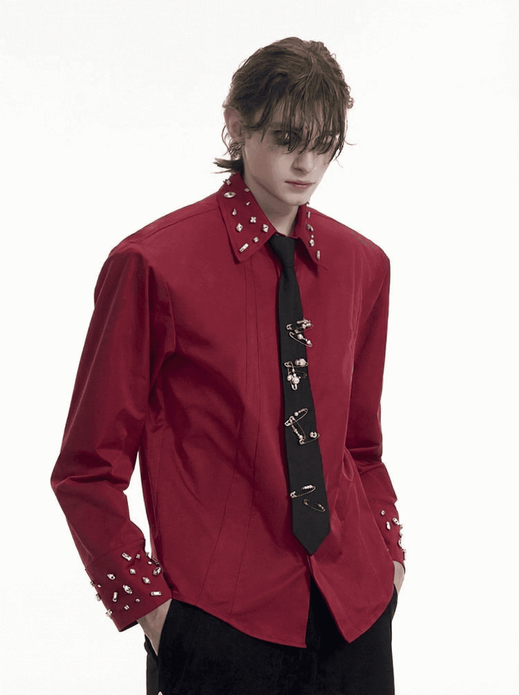 Padded Shoulders Men's Red Shirt Rhinestone Accents with